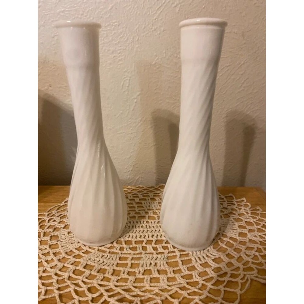 Vintage Hoosier Glass 4094 White Milk Glass 9" Swirl Bud Vases